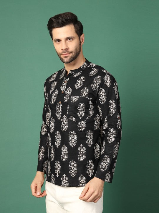 Black Paisley Printed Band-Collar Pure Cotton Straight Kurta