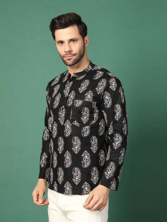Black Paisley Printed Band-Collar Pure Cotton Straight Kurta