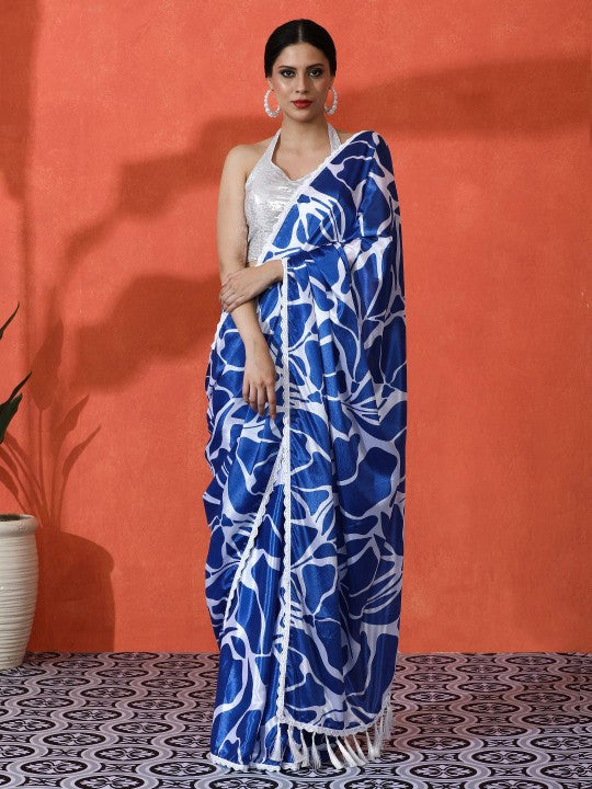 Embellished Floral Printed Digital Printed Satin Saree with Blouse Piece