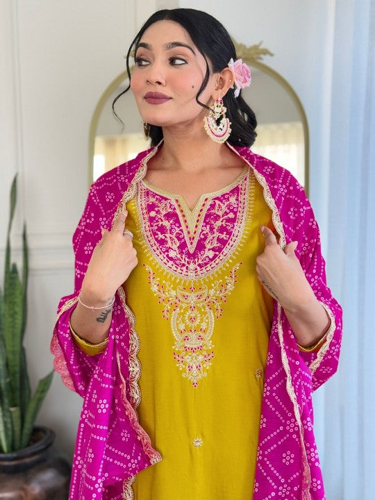 Paisley Embroidered Sequinned Notch Neck Straight Kurta with Trouser & Dupatta
