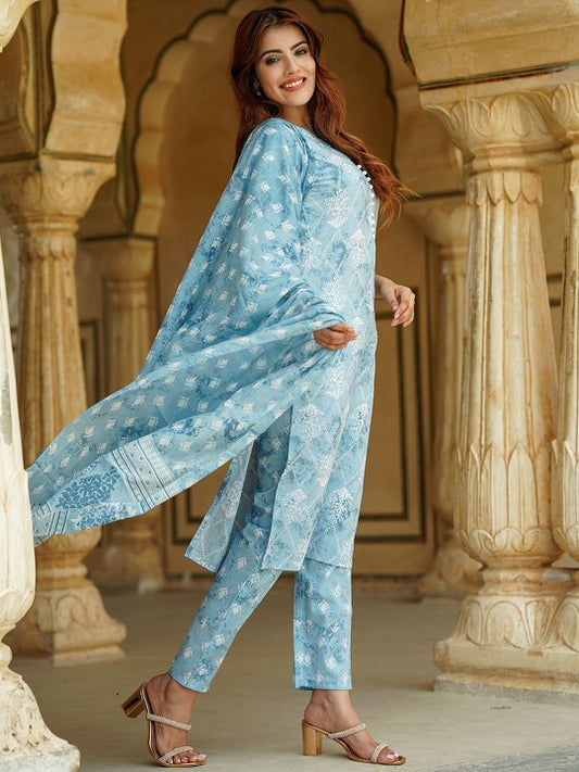 Floral Printed Pure Cotton Kurta with Trousers & Dupatta