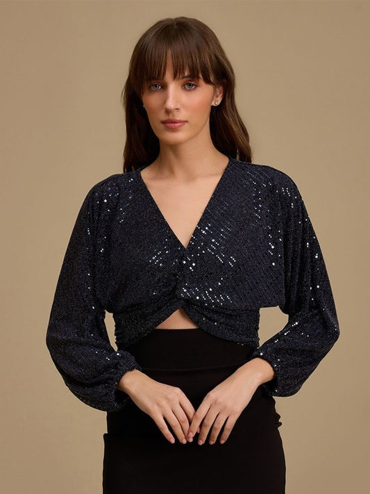 Women Embellished Sequined Crop Top