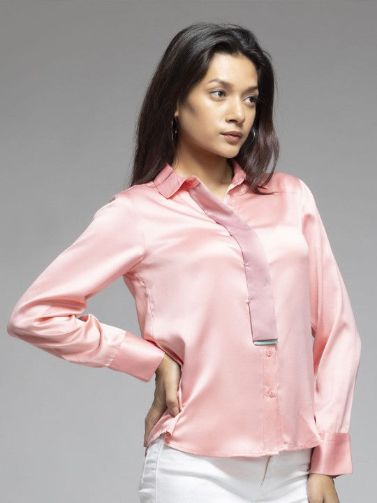 Women Smart Spread Collar Solid Satin Relaxed Fit Casual Shirt