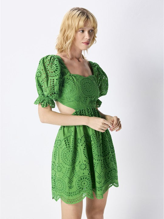 COVER STORY Green Sweetheart Neck Puff Sleeves Schiffli Pure Cotton Fit & Flare Dress