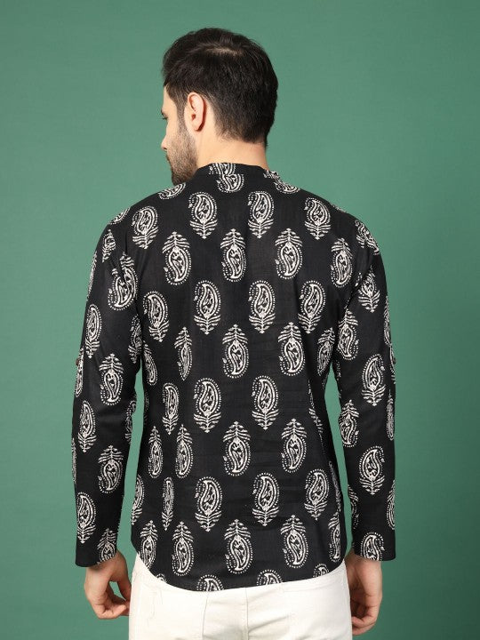 Black Paisley Printed Band-Collar Pure Cotton Straight Kurta