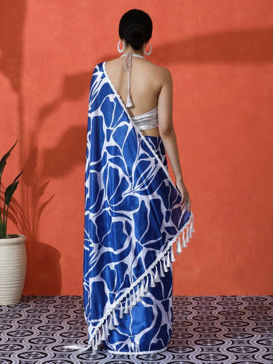 Embellished Floral Printed Digital Printed Satin Saree with Blouse Piece
