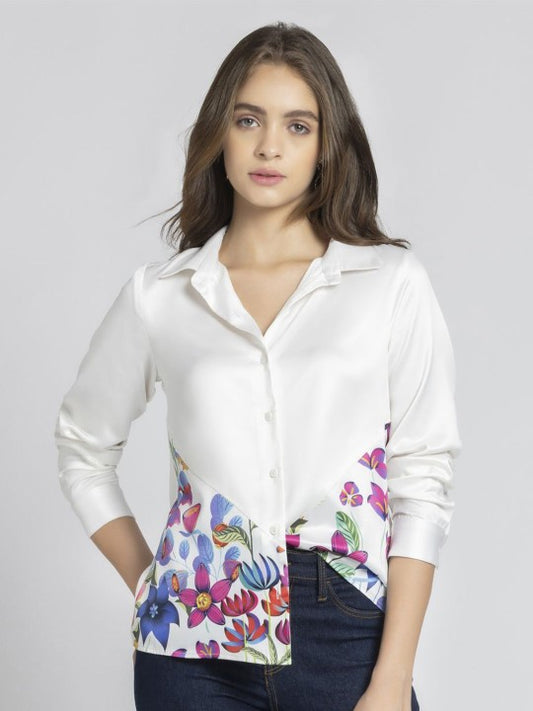 Women Relaxed Spread Collar Floral Printed Satin Relaxed Fit Casual Shirt