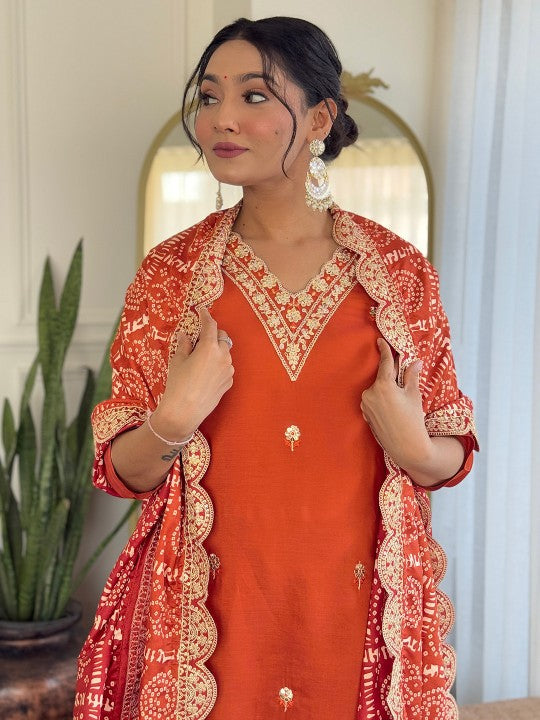 Zari Floral Embroidered V‑Neck Straight Kurta with Trousers & Dupatta