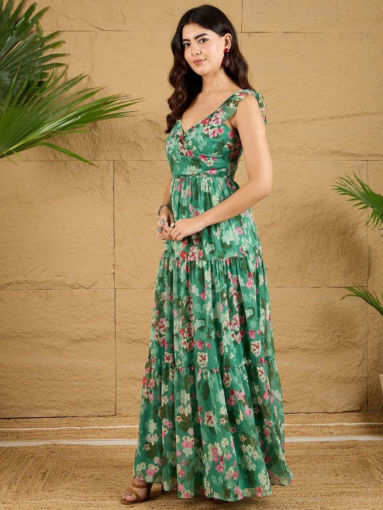Women Floral Printed V-Neck Maxi Dress