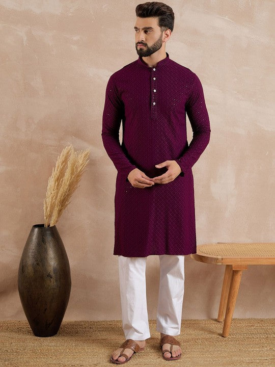 Geometric Embroidered Mandarin Collar Sequinned Straight Kurta