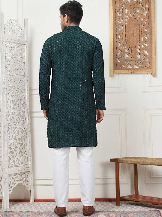 Olive Green Ethnic Motifs Embroidered Sequinned Kurta with Pyjamas