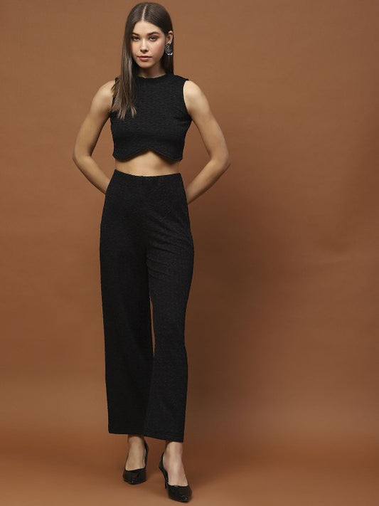 Self Design Round Neck Sleeveless Top With Trouser