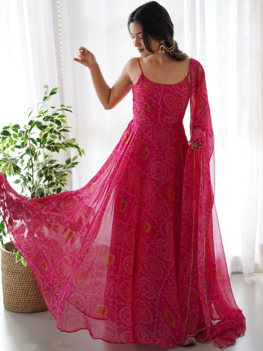Bandhani Printed Anarkali Kurta with Trousers & Dupatta