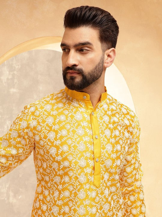 Mustard Floral Embroidered Mandarin‑Collar Straight Kurta with Pyjamas