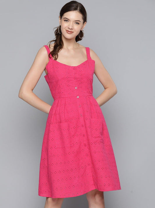 Fuchsia Strappy Front Button Dress-Dress-SASSAFRAS