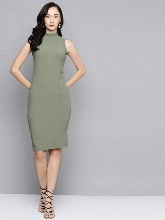 Olive High Neck Sleeveless Bodycon-Dress-SASSAFRAS