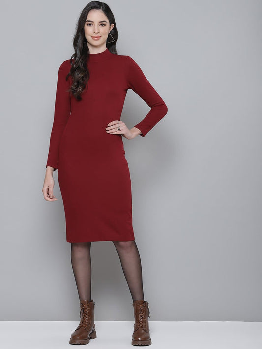 Maroon Rib Turtle Neck Zipped Bodycon Dress-Dress-SASSAFRAS