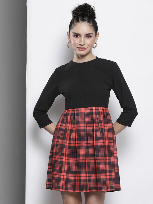 Red Check Knit Pleated Skater Dress-SASSAFRAS