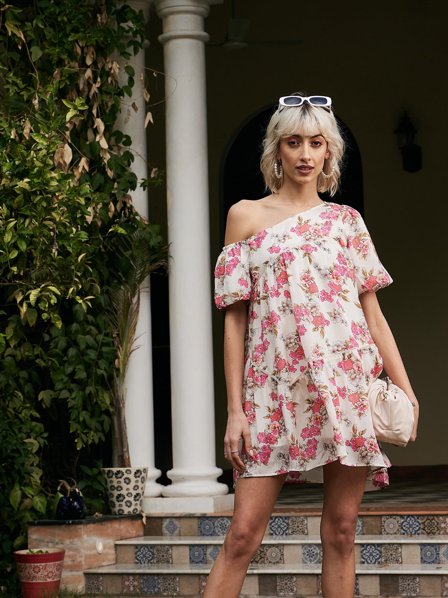 White Floral Chinon One Shoulder Boxy Dress-SASSAFRAS