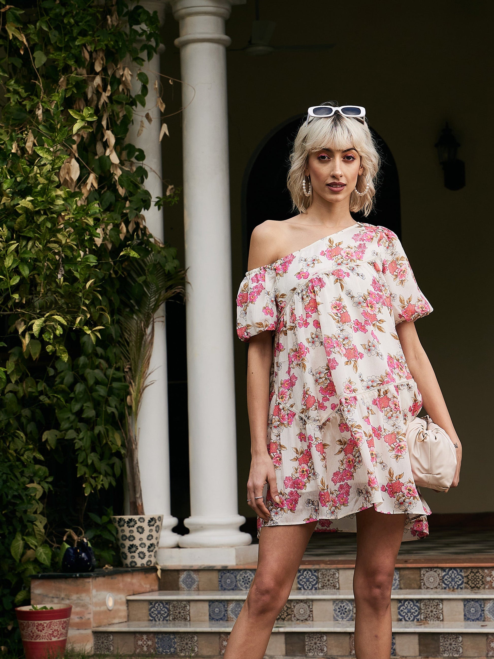 White Floral Chinon One Shoulder Boxy Dress-SASSAFRAS