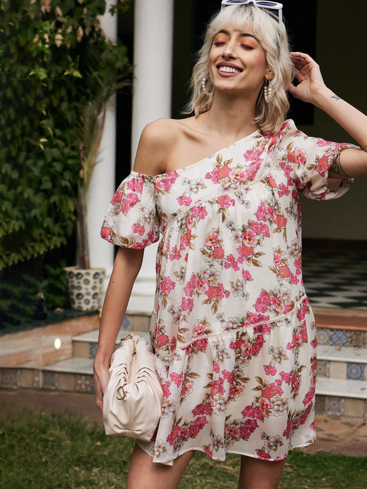 White Floral Chinon One Shoulder Boxy Dress-SASSAFRAS