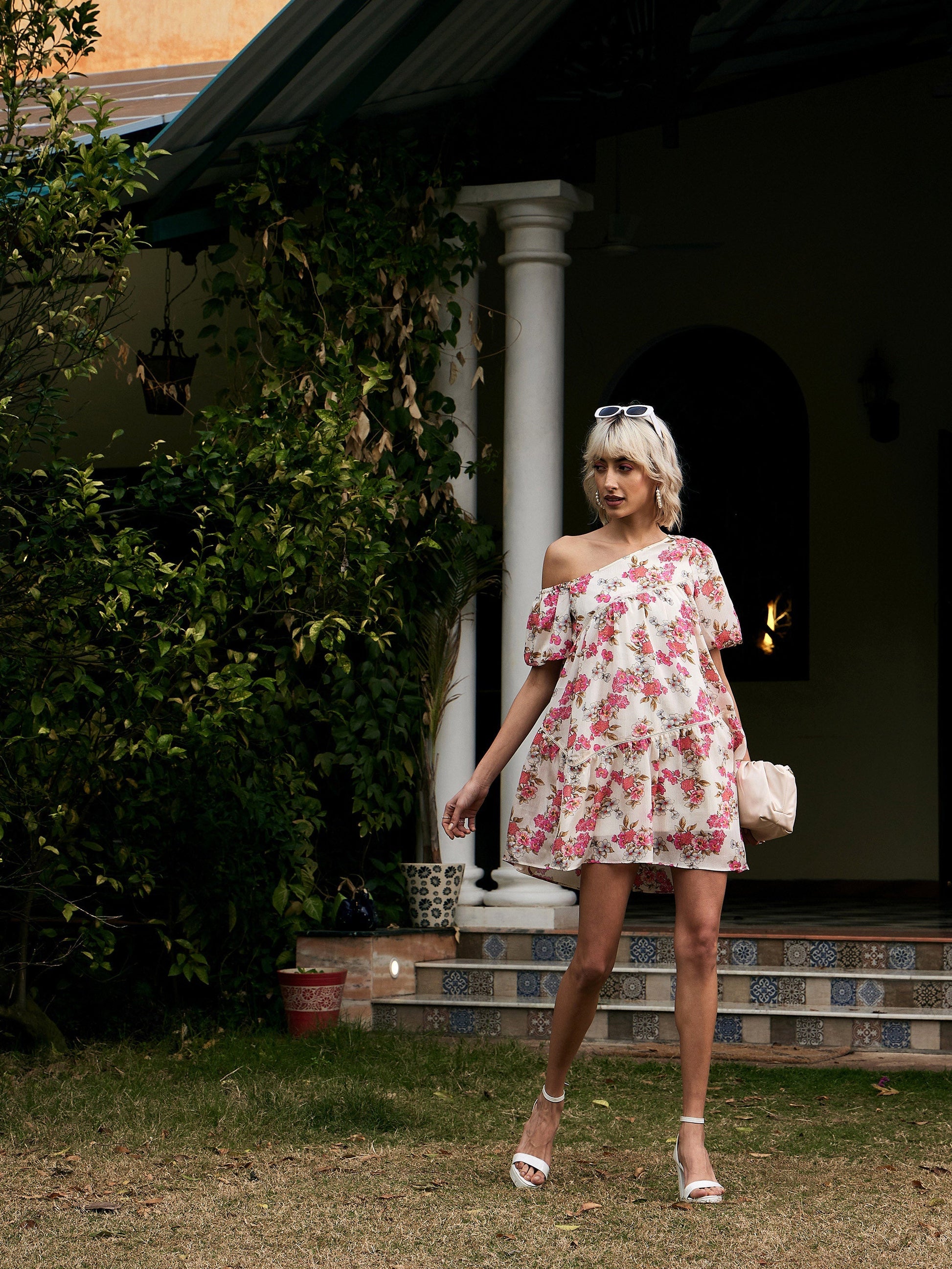 White Floral Chinon One Shoulder Boxy Dress-SASSAFRAS