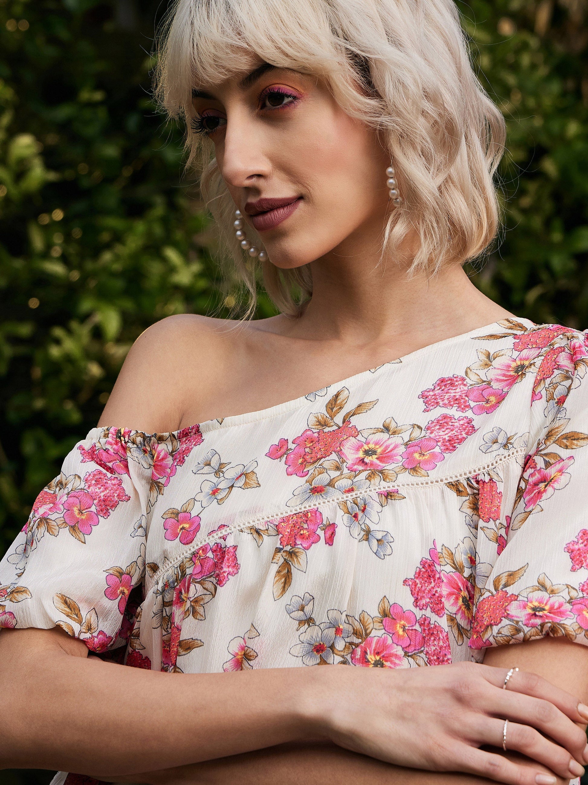 White Floral Chinon One Shoulder Boxy Dress-SASSAFRAS