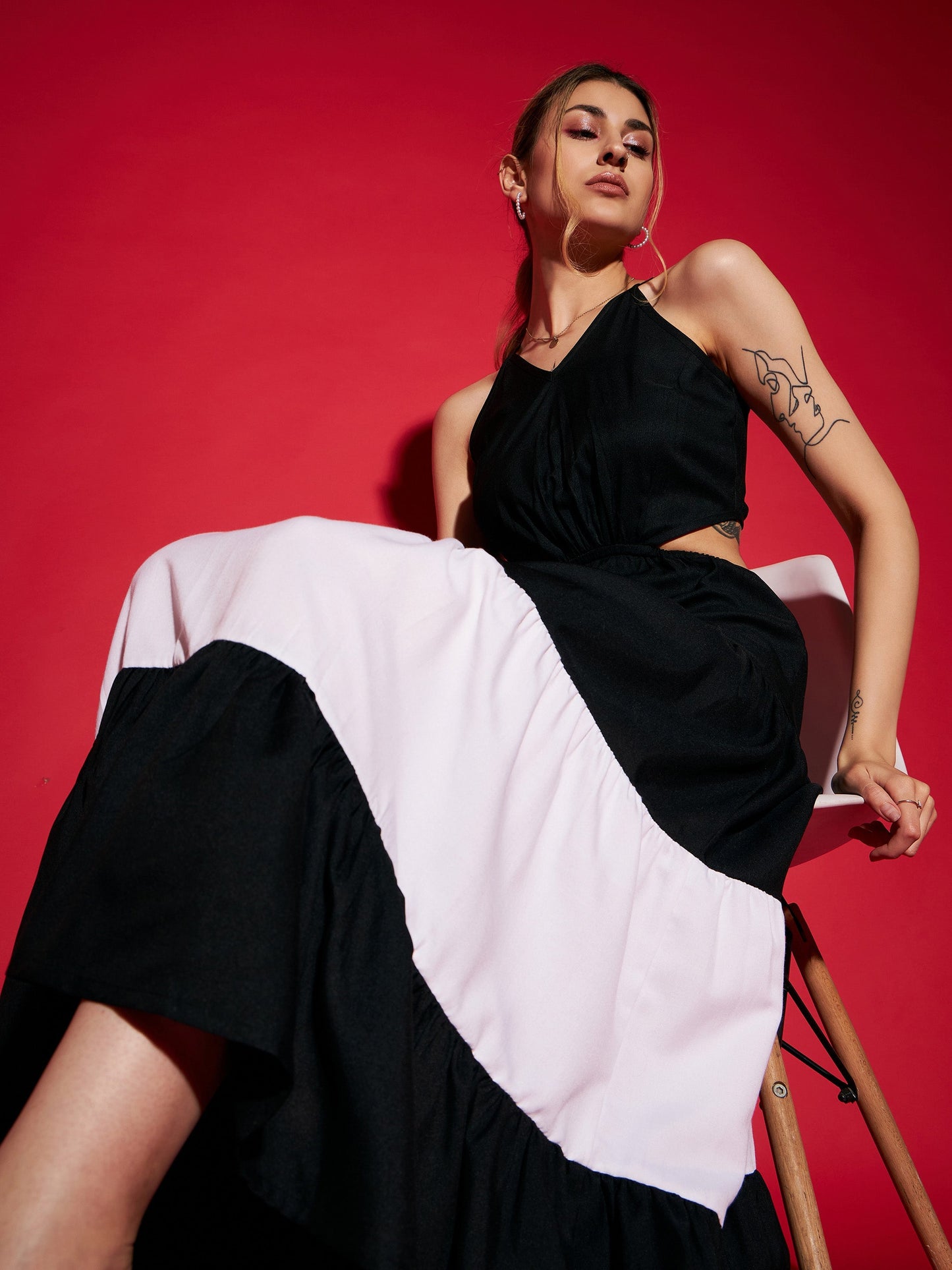 Black & White Colour Block Tiered Maxi Dress-SASSAFRAS
