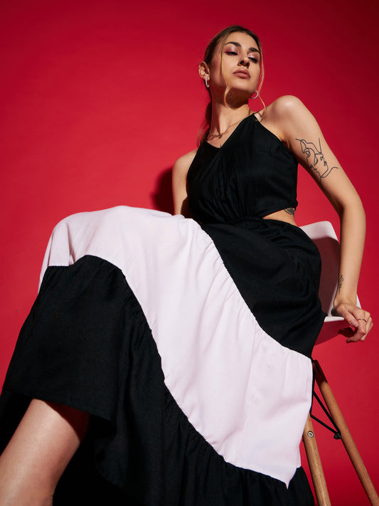 Black & White Colour Block Tiered Maxi Dress-SASSAFRAS
