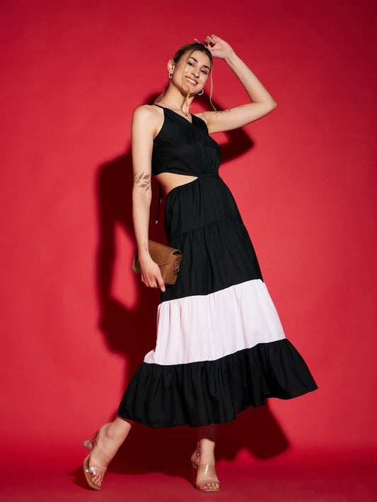 Black & White Colour Block Tiered Maxi Dress-SASSAFRAS