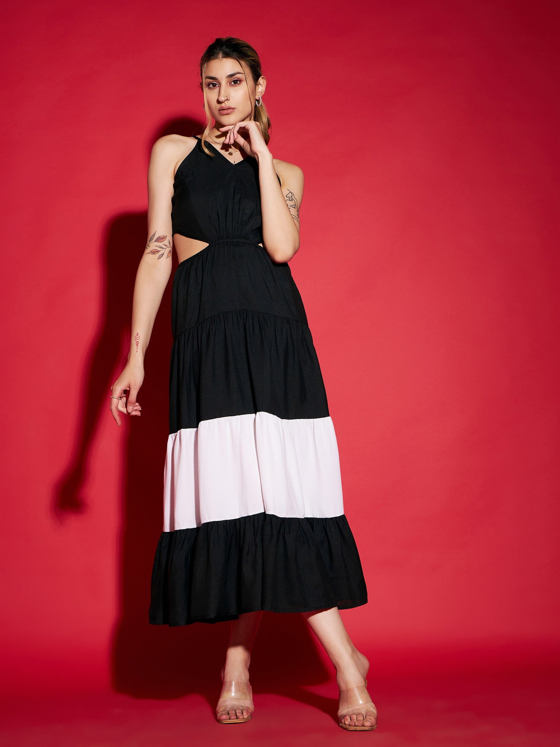Black & White Colour Block Tiered Maxi Dress-SASSAFRAS