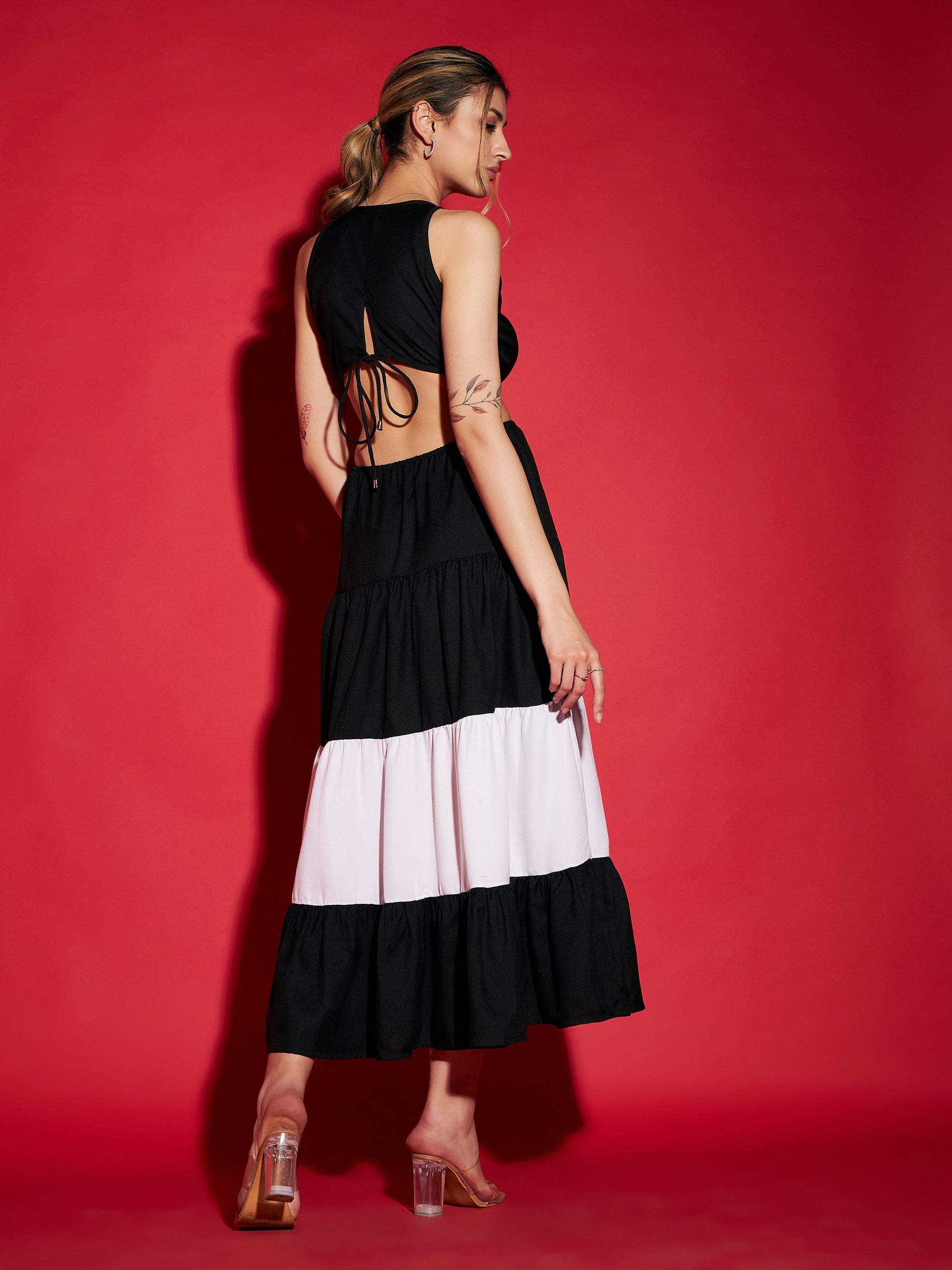 Black & White Colour Block Tiered Maxi Dress-SASSAFRAS