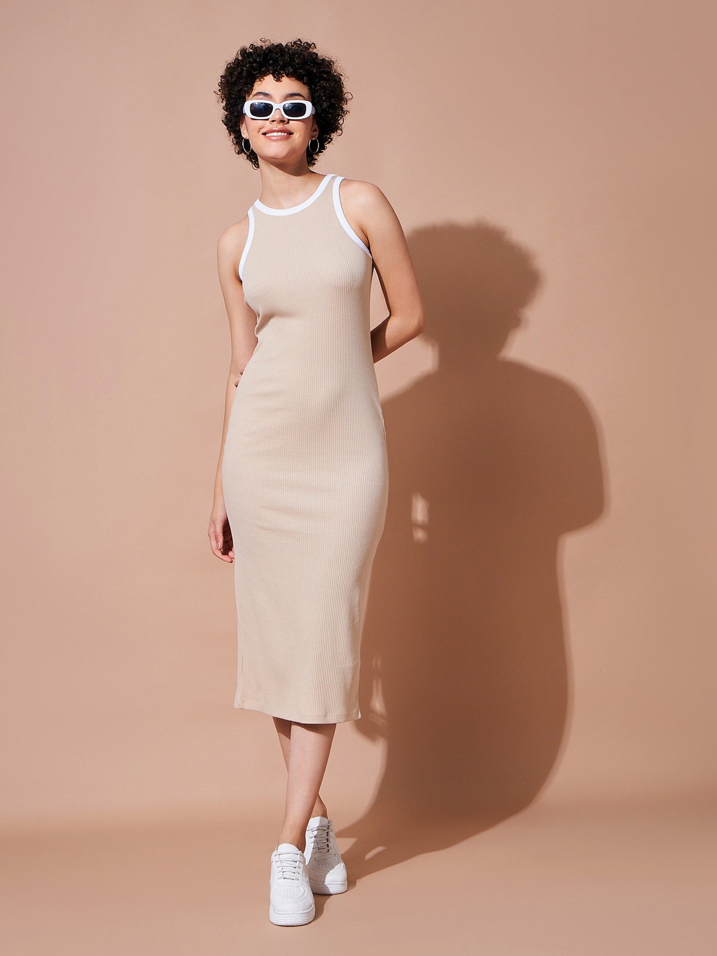 Beige Rib Sleeveless Bodycon Dress-SASSAFRAS BASICS