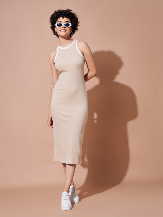 Beige Rib Sleeveless Bodycon Dress-SASSAFRAS BASICS