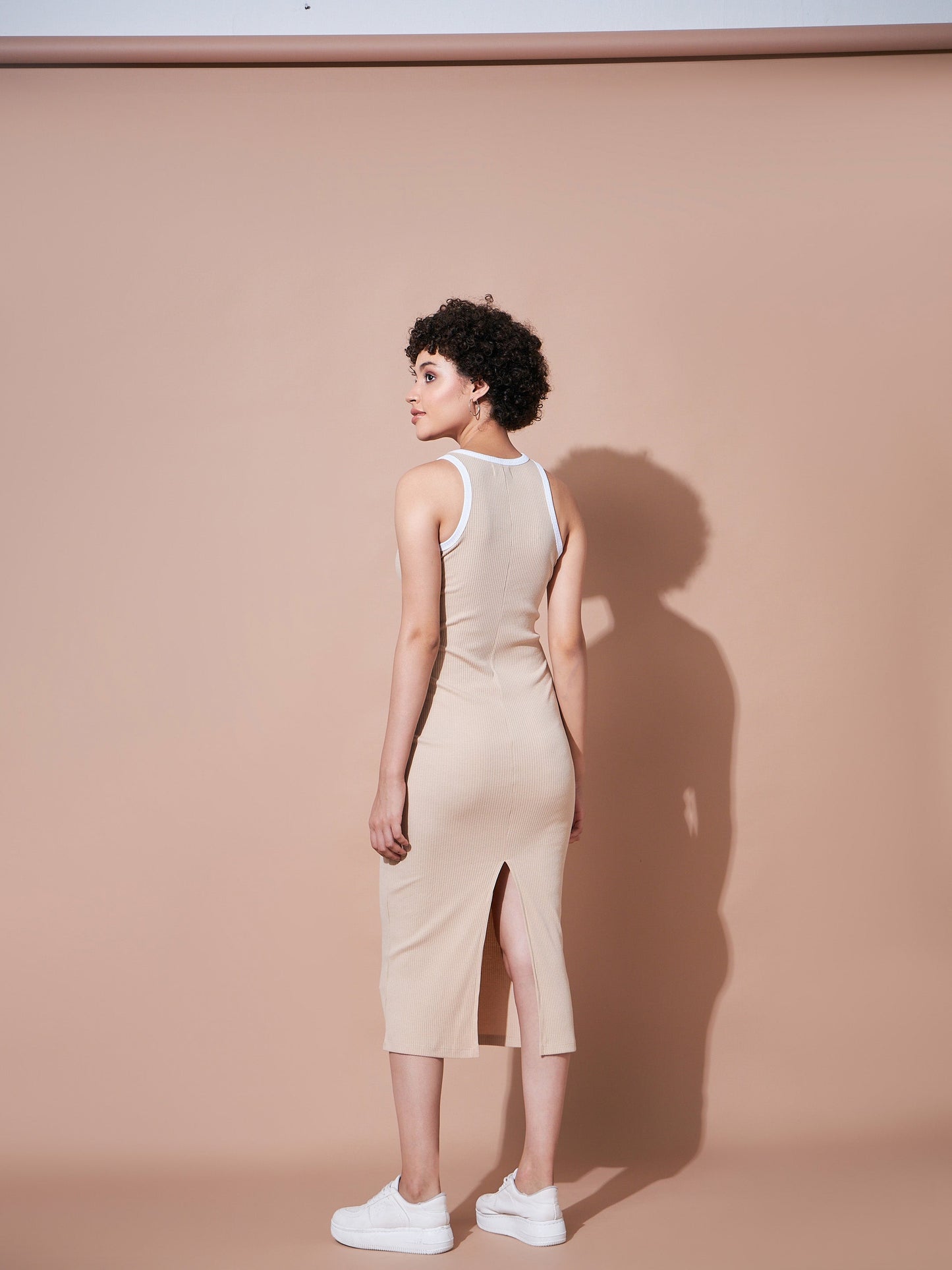 Beige Rib Sleeveless Bodycon Dress-SASSAFRAS BASICS