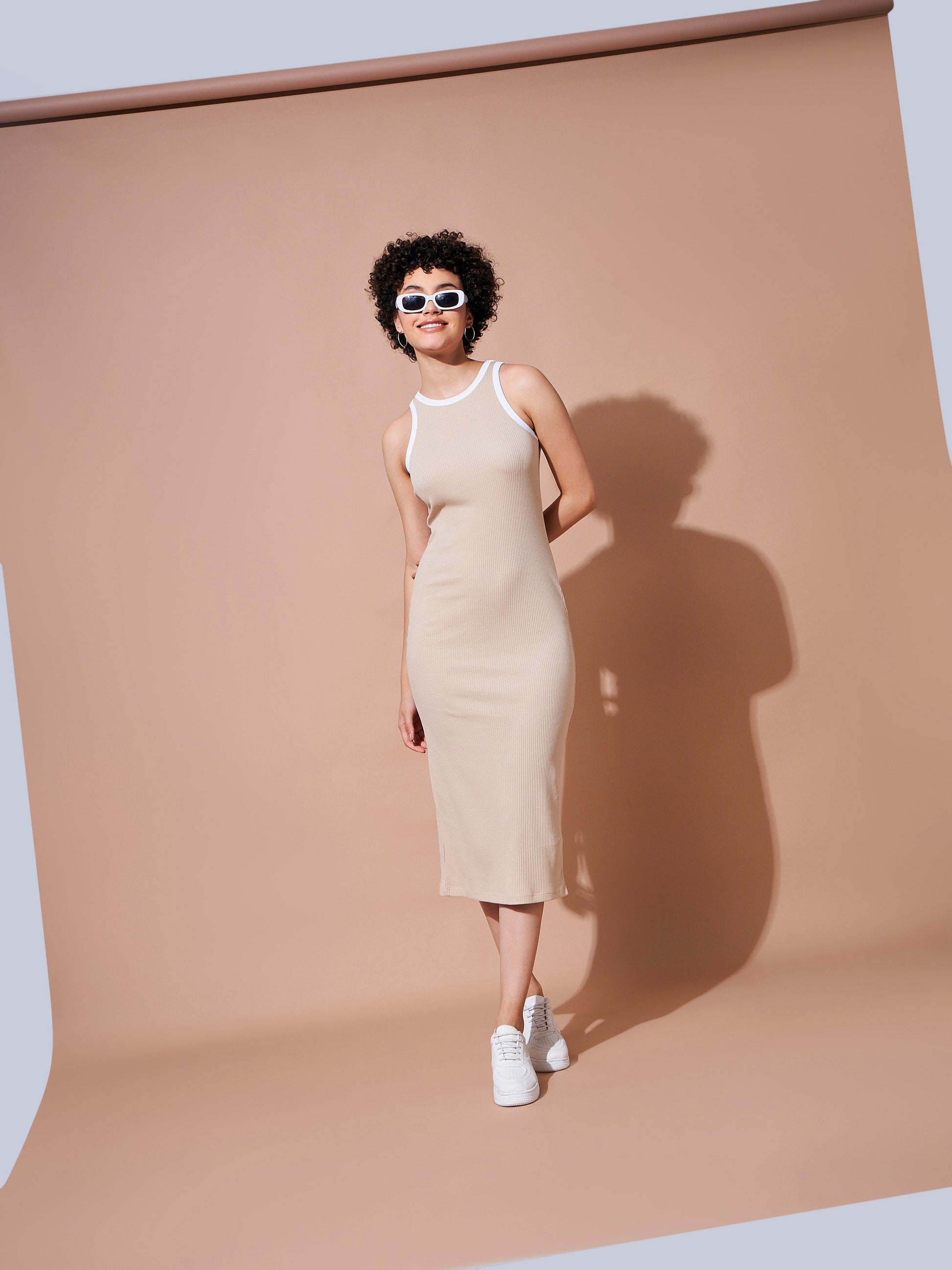 Beige Rib Sleeveless Bodycon Dress-SASSAFRAS BASICS