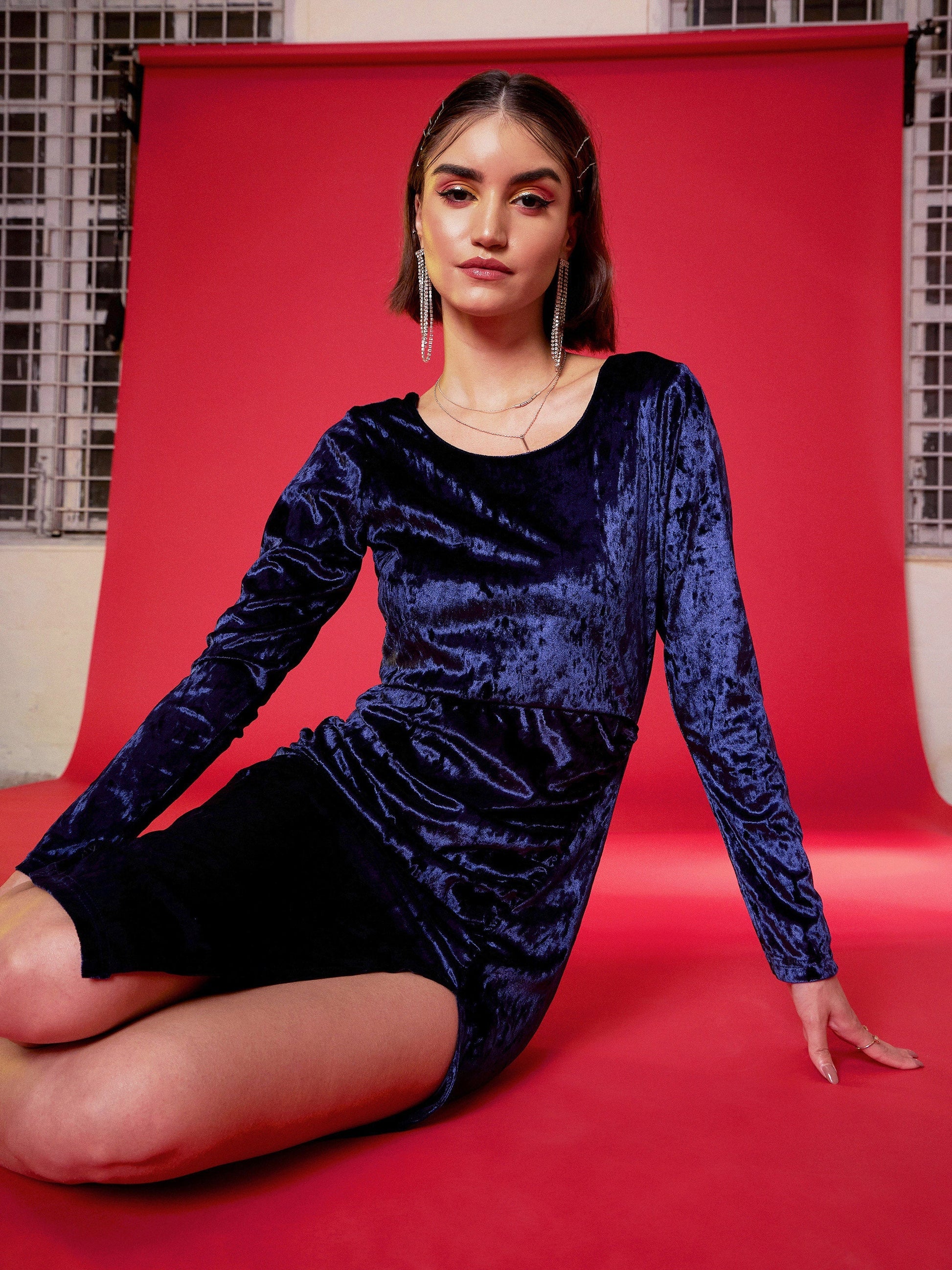 Navy Velvet Side Slit Midi Dress-SASSAFRAS