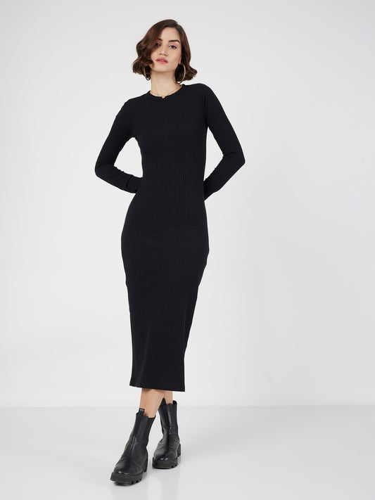 Black Rib Bodycon Midi Dress-SASSAFRAS