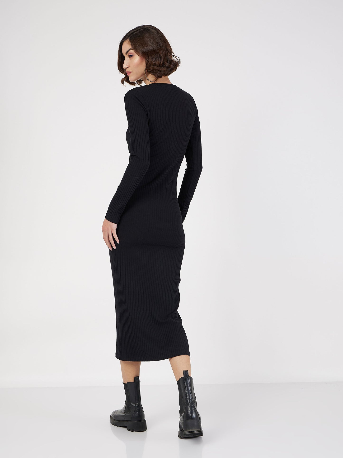 Black Rib Bodycon Midi Dress-SASSAFRAS