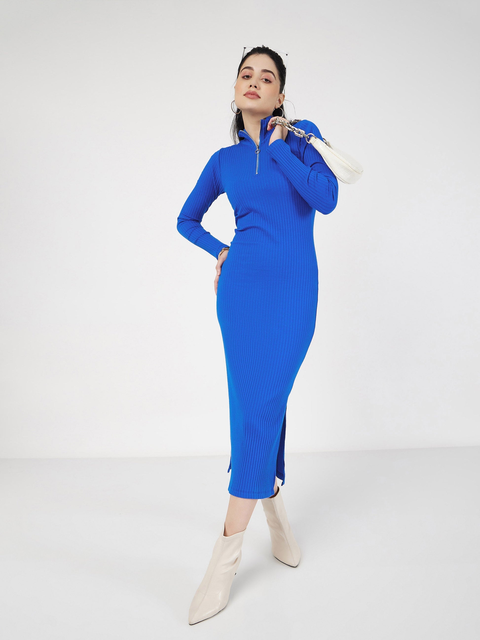 Royal Blue Rib High Neck Front Zipper Dress-SASSAFRAS