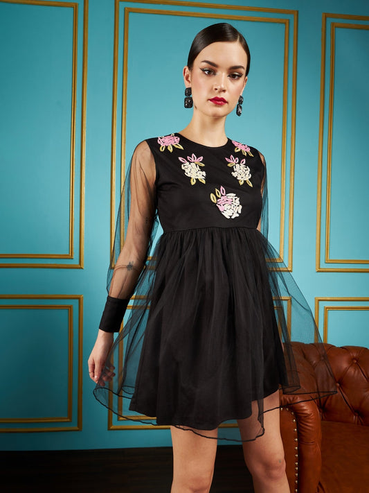 Black Front Embellished Mesh Skater Dress-SASSAFRAS