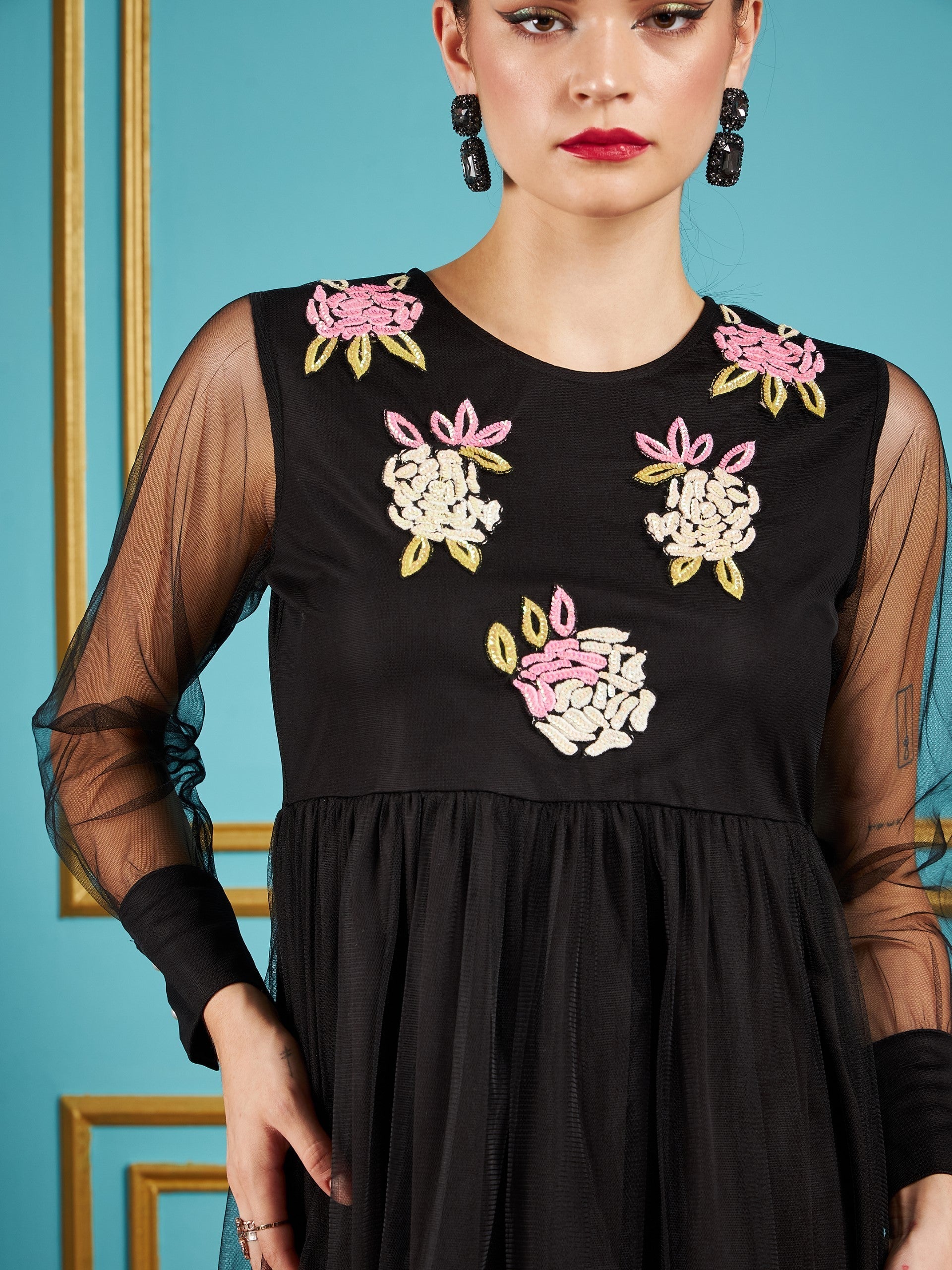 Black Front Embellished Mesh Skater Dress-SASSAFRAS