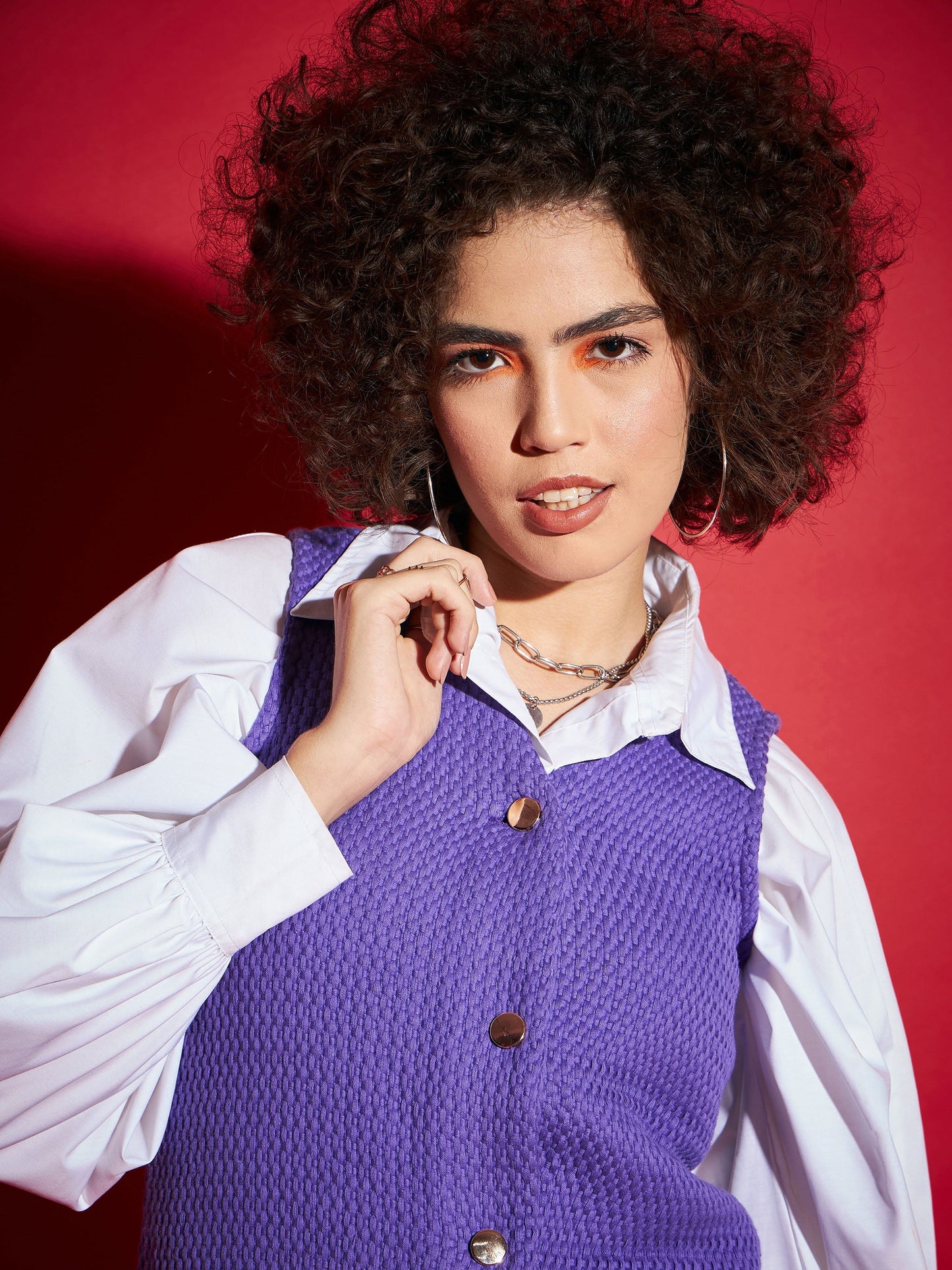 Purple Tweed Front Button Frill Hem Dress-SASSAFRAS