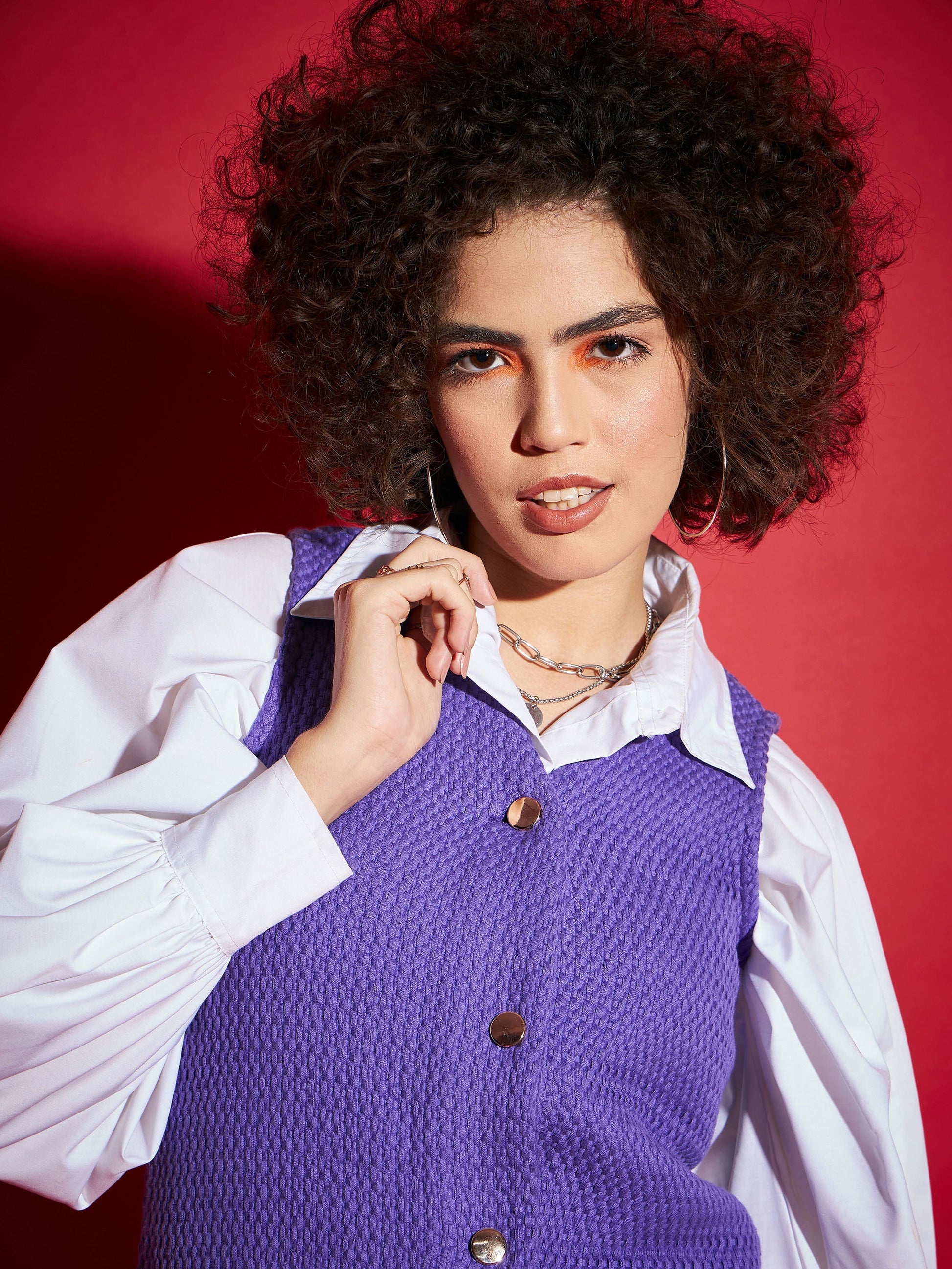 Purple Tweed Front Button Frill Hem Dress-SASSAFRAS