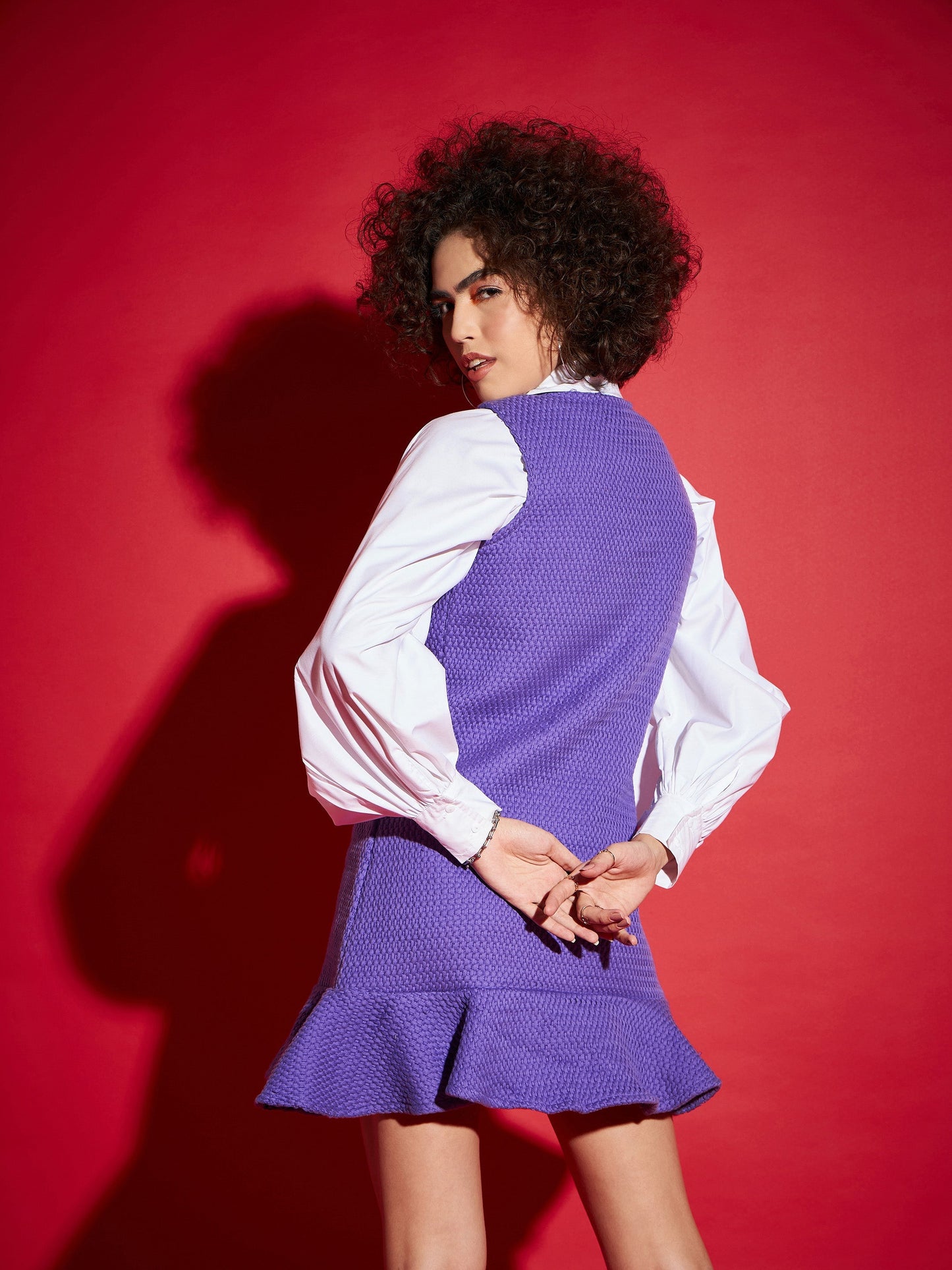 Purple Tweed Front Button Frill Hem Dress-SASSAFRAS