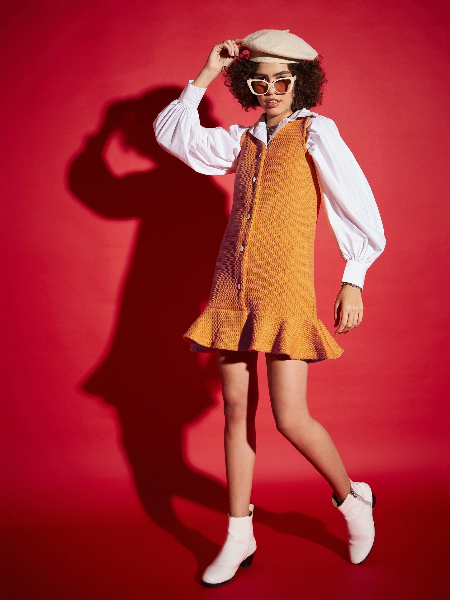 Orange Tweed Front Button Frill Hem Dress-SASSAFRAS