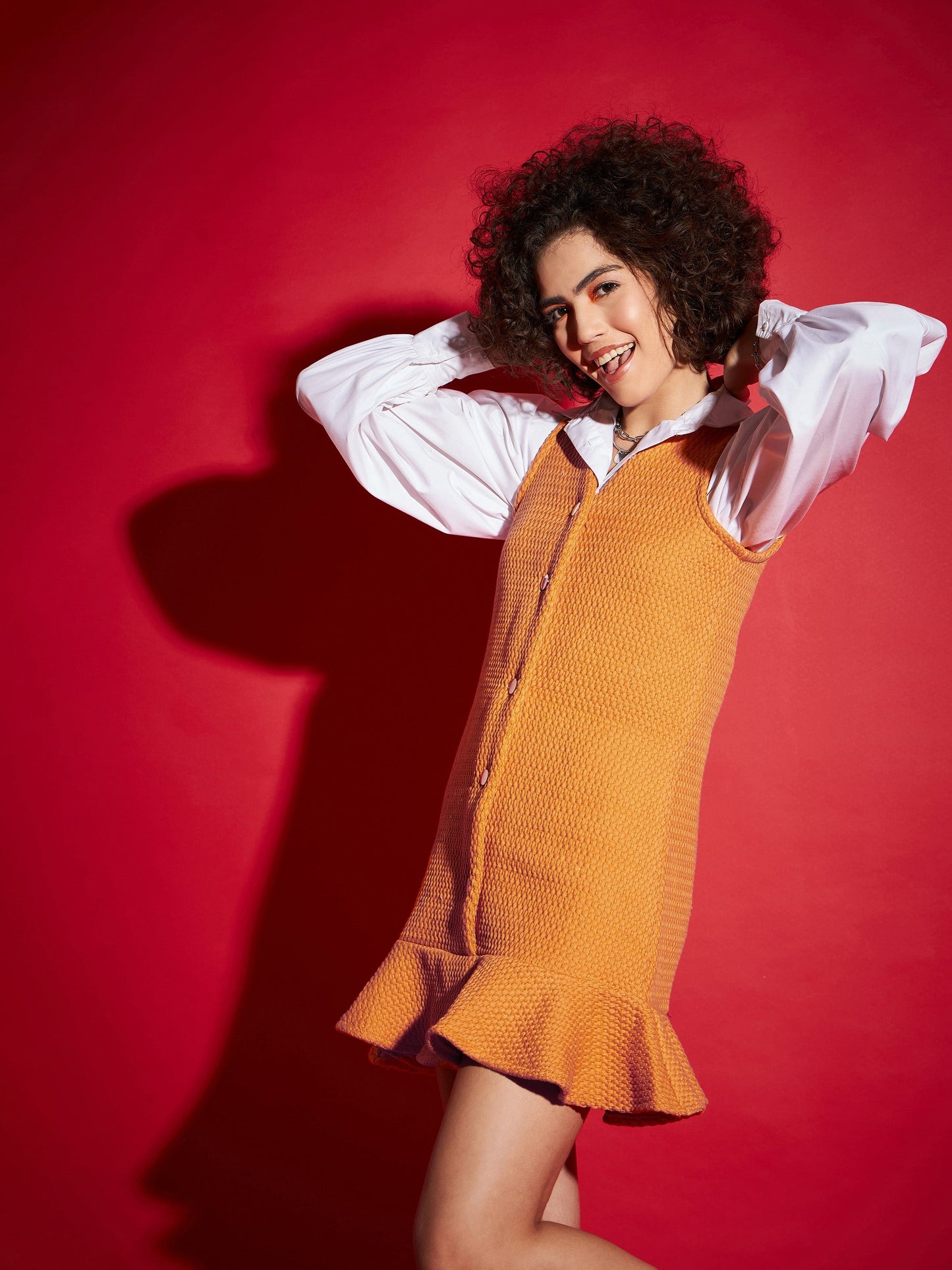 Orange Tweed Front Button Frill Hem Dress-SASSAFRAS