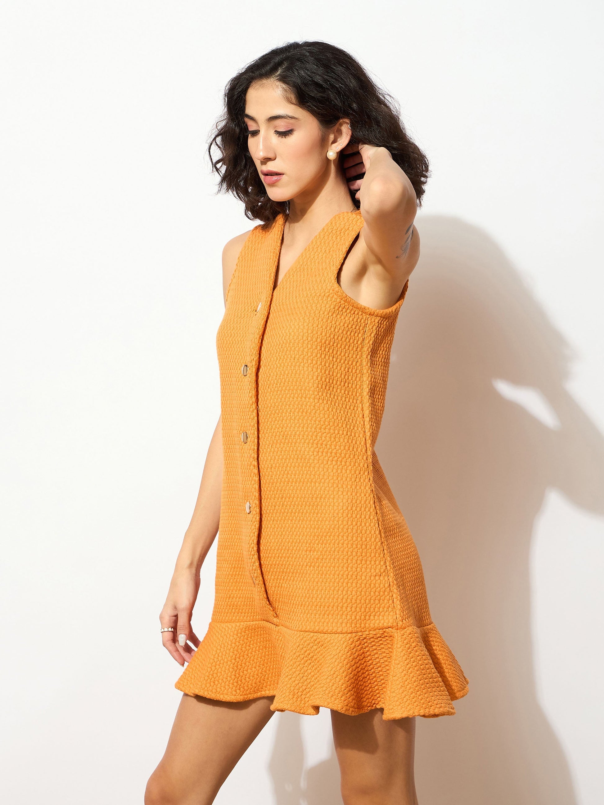 Orange Tweed Front Button Frill Hem Dress-SASSAFRAS