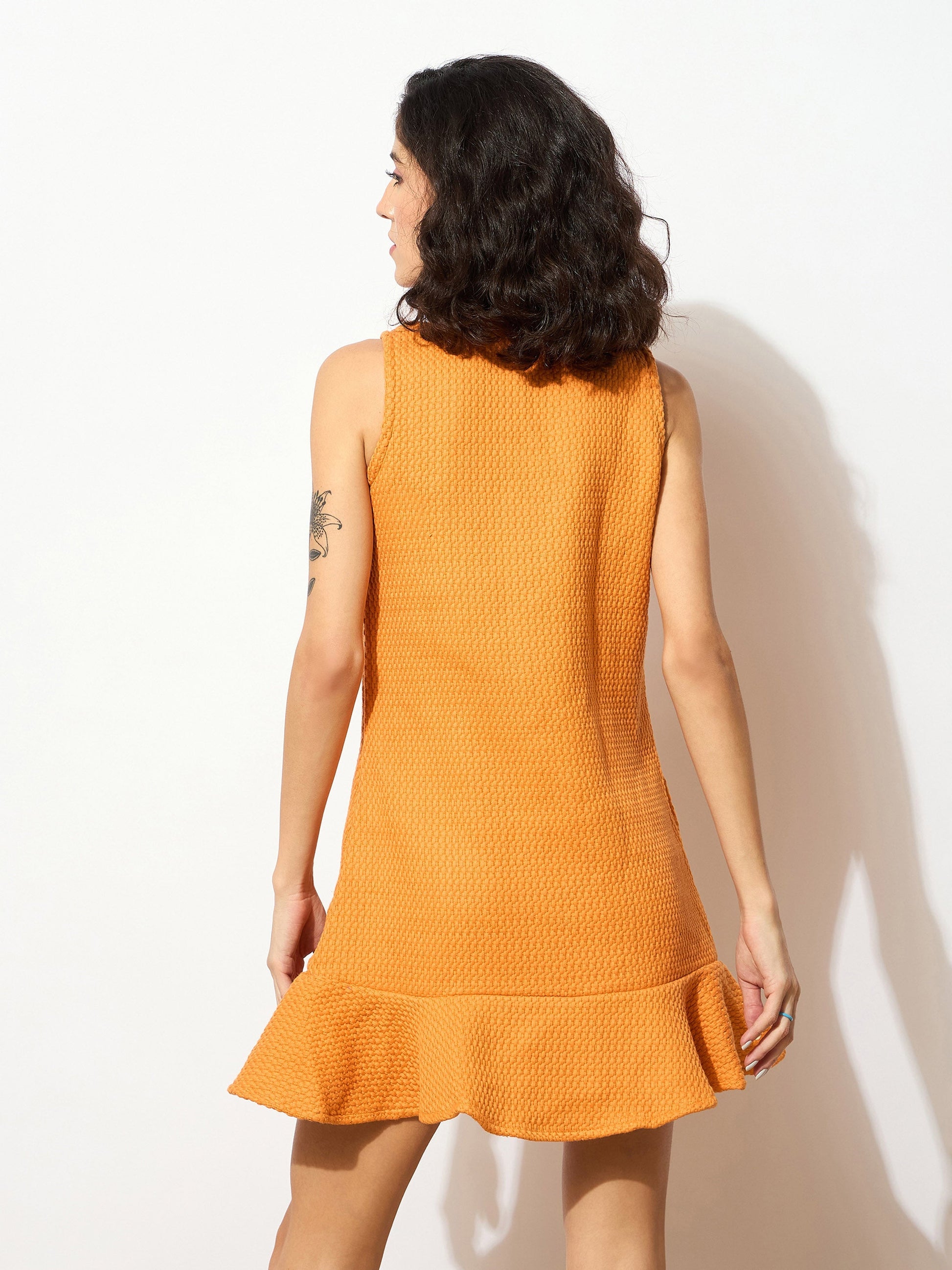 Orange Tweed Front Button Frill Hem Dress-SASSAFRAS