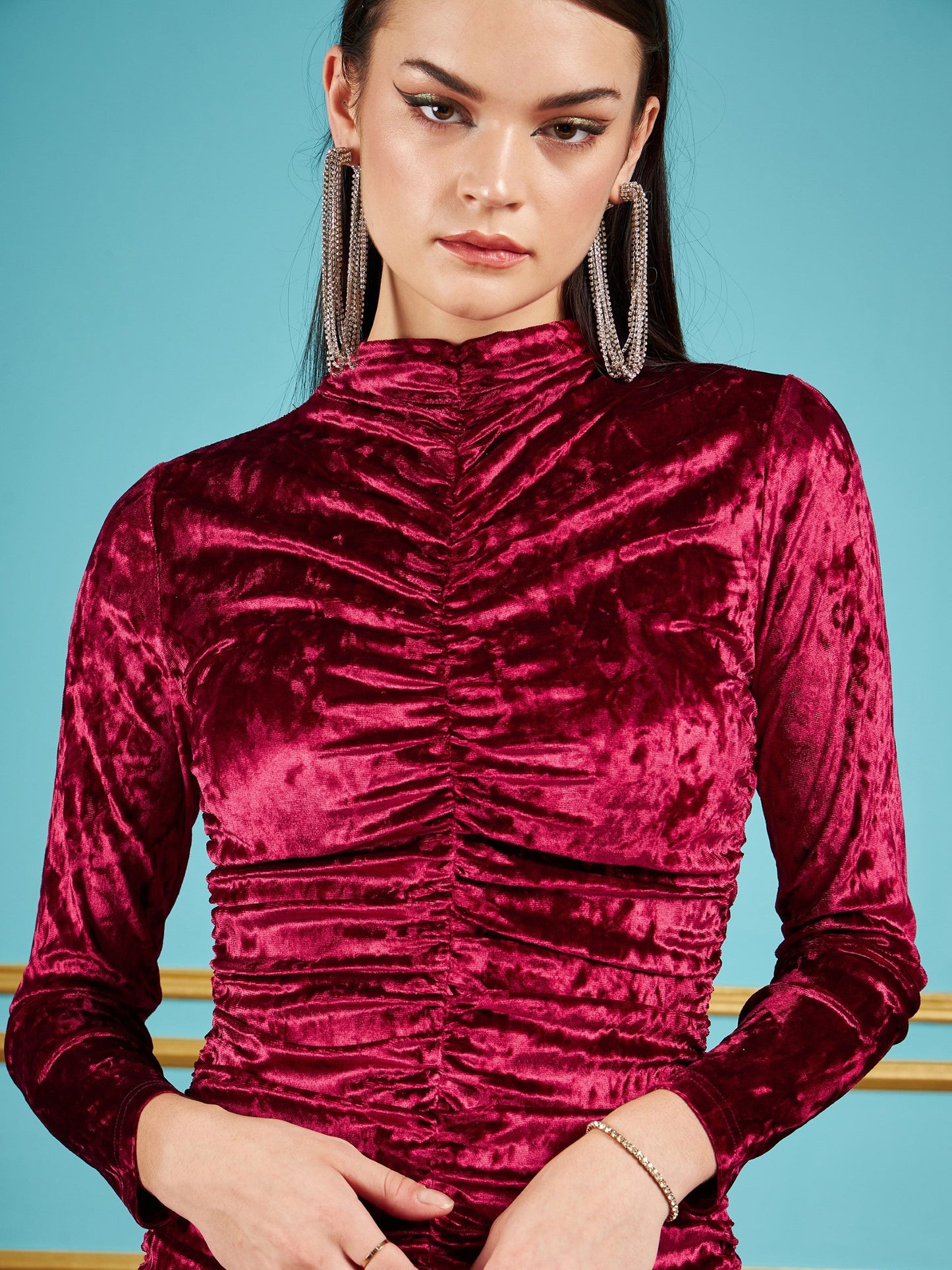 Red Velvet Ruched Short Bodycon Dress-SASSAFRAS
